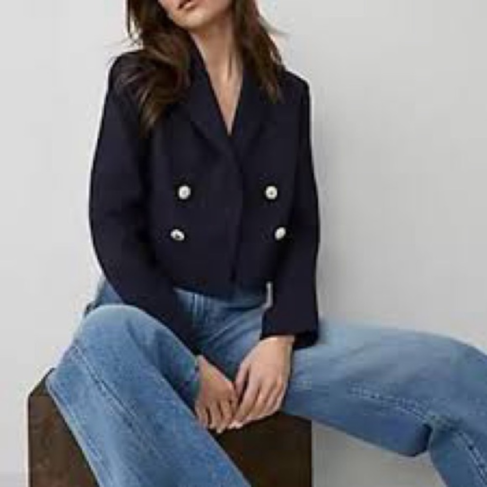 Joie Cropped Double Breasted Blazer Jacket Navy Blue Size Small